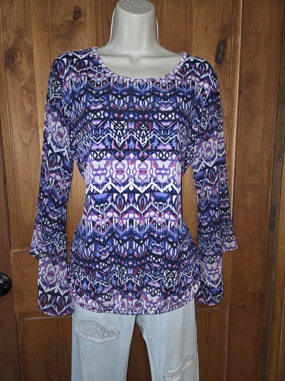 Roz & Ali Purple Multi-Print Scoop Neck‎ Blouse